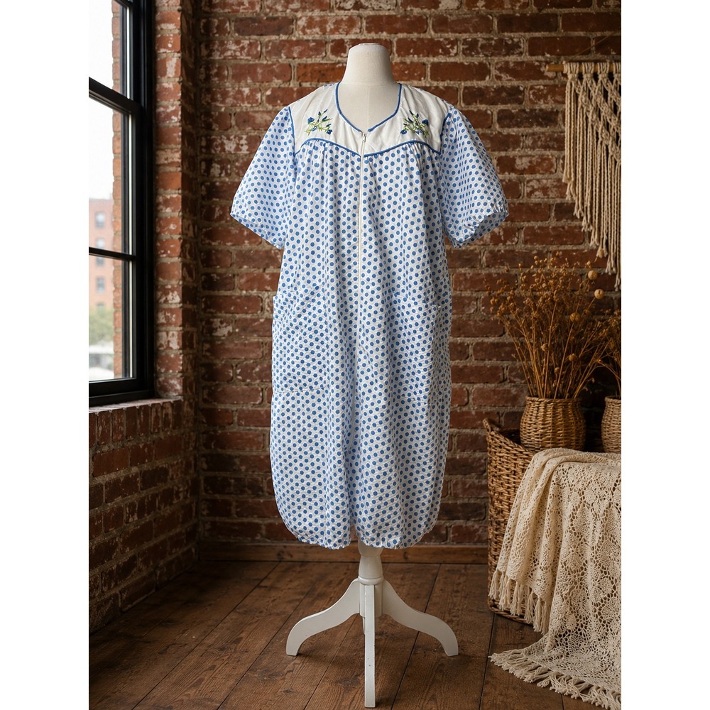 Vintage Blue Polka Dot Floral Zip Front House Dress Nightgown Cottagecore XL